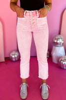 Apricot Pink Multi Buttons Raw Edge Crop Jeans - ElectronX Plus