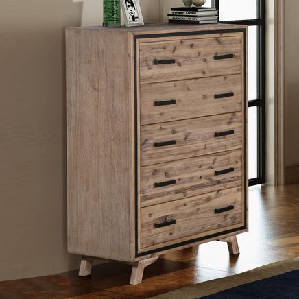 Tallboy with 5 Storage Drawers Solid Acacia Wooden Frame in Silver Brush Colour - ElectronX Plus