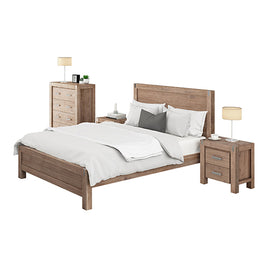 4 Pieces Bedroom Suite in Solid Wood Veneered Acacia Construction Timber Slat Queen Size Oak Colour Bed, Bedside Table & Tallboy - ElectronX Plus