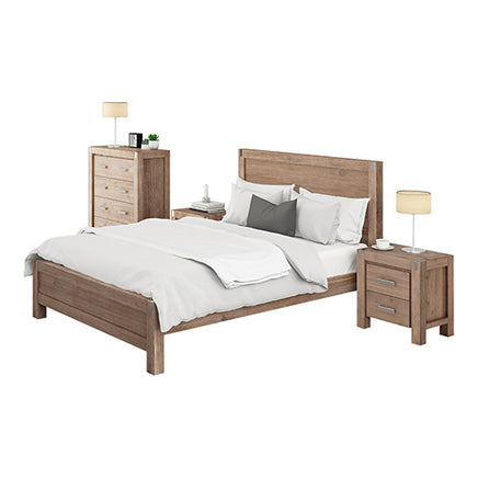 4 Pieces Bedroom Suite in Solid Wood Veneered Acacia Construction Timber Slat Double Size Oak Colour Bed, Bedside Table & Tallboy - ElectronX Plus