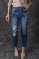 Blue Distressed Button Fly High Waist Skinny Jeans - ElectronX Plus