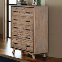 Tallboy with 5 Storage Drawers Solid Acacia Wooden Frame in Silver Brush Colour - ElectronX Plus