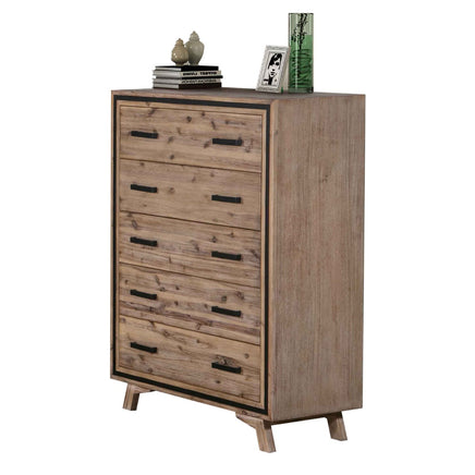 Tallboy with 5 Storage Drawers Solid Acacia Wooden Frame in Silver Brush Colour - ElectronX Plus