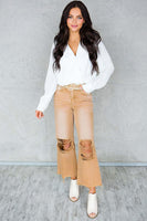 Brown Distressed Hollow-out High Waist Cropped Flare Jeans - ElectronX Plus