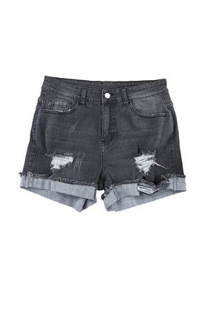 Distressed Ripped Rolled Hem Black Denim Shorts - ElectronX Plus