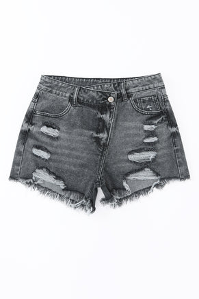 Black High Rise Crossover Waist Denim Shorts - ElectronX Plus