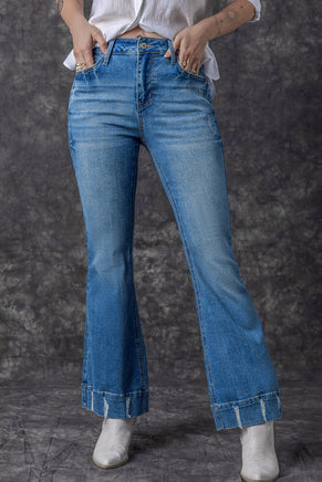 Sky Blue Slight Distressed Medium Wash Flare Jeans - ElectronX Plus