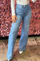 Light Blue Floral Rhinestone Decor High Rise Wide Leg Jeans - ElectronX Plus