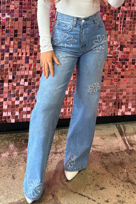 Light Blue Floral Rhinestone Decor High Rise Wide Leg Jeans - ElectronX Plus