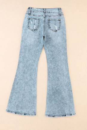 Sky Blue Subtle Ripped Detail Flare Bottom Jeans - ElectronX Plus