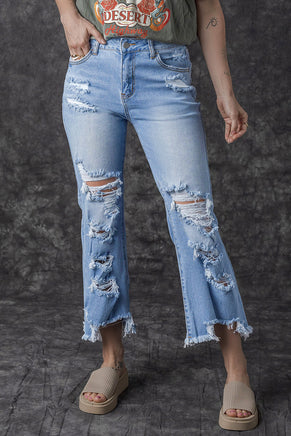 Sky Blue Heavy Destroyed High Waist Jeans - ElectronX Plus