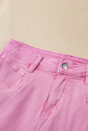 Pink Frayed Edge Mid Rise Denim Shorts - ElectronX Plus