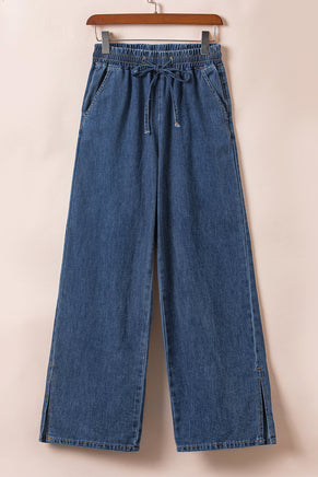 Dark Blue Drawstring Elastic Waist Wide Leg Jeans - ElectronX Plus