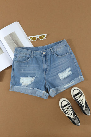 Distressed Ripped Rolled Hem Sky Blue Denim Shorts - ElectronX Plus