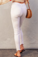 White Plain High Waist Buttons Frayed Cropped Denim Jeans - ElectronX Plus