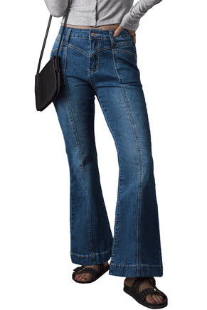 Blue High Waist Seam Stitching Pocket Flare Jeans - ElectronX Plus