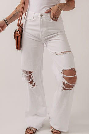 Bright White Heavy Distressed Straight Leg Jeans - ElectronX Plus