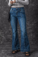 Blue High Waist Seam Stitching Pocket Flare Jeans - ElectronX Plus