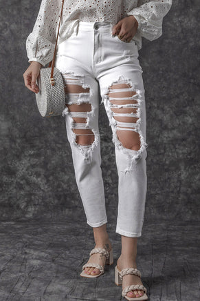 White Distressed Ripped Holes High Waist Skinny Jeans - ElectronX Plus