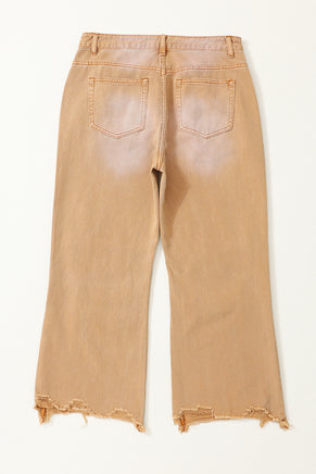 Brown Distressed Hollow-out High Waist Cropped Flare Jeans - ElectronX Plus