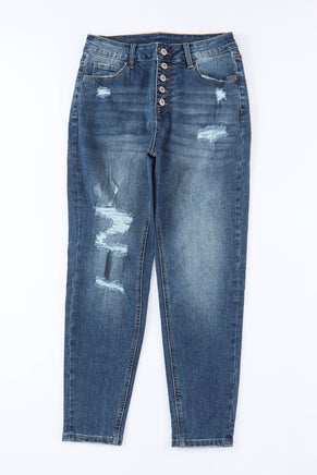 Blue Distressed Button Fly High Waist Skinny Jeans - ElectronX Plus