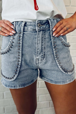 Dusk Blue Studded Acid Wash Jean Shorts - ElectronX Plus