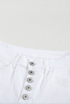 White Plain High Waist Buttons Frayed Cropped Denim Jeans - ElectronX Plus