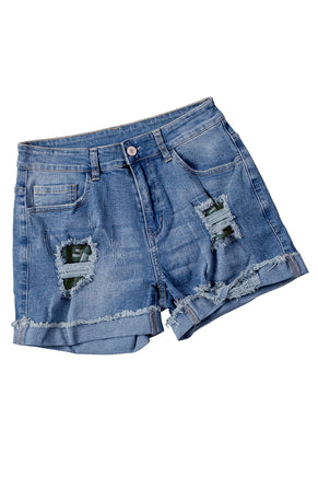 Camo Patchwork Rolled Hem Denim Shorts - ElectronX Plus