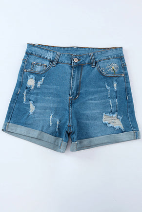 Sky Blue Dandelion Embroidered Ripped Denim Shorts - ElectronX Plus