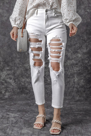 White Distressed Ripped Holes High Waist Skinny Jeans - ElectronX Plus