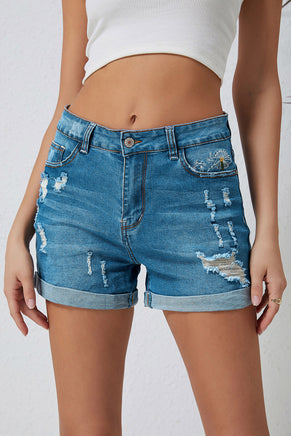 Sky Blue Dandelion Embroidered Ripped Denim Shorts - ElectronX Plus