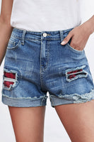 Plaid Patchwork Rolled Hem Denim Shorts - ElectronX Plus