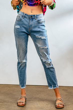 Light Blue Distressed Boyfriend Denim Pants - ElectronX Plus