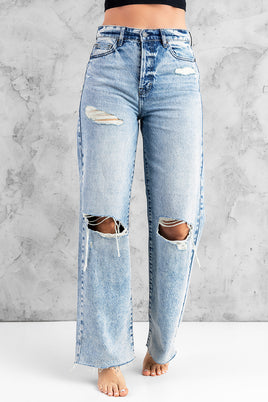 Sky Blue Distressed Hollow-out Knees Wide Leg Jeans - ElectronX Plus