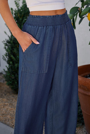 Sail Blue Side Pockets Frilled Smocked High Waist Wide Leg Jeans - ElectronX Plus