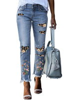 Sky Blue Printed Patch Ripped Skinny Jeans - ElectronX Plus