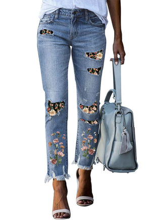 Sky Blue Printed Patch Ripped Skinny Jeans - ElectronX Plus