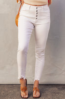 White Plain High Waist Buttons Frayed Cropped Denim Jeans - ElectronX Plus