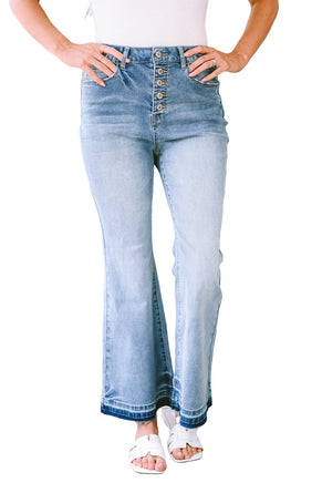 Sky Blue High Waist Buttoned Distressed Flared Jeans - ElectronX Plus