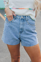 Sky Blue Stud Embellished High Waist Denim Shorts - ElectronX Plus