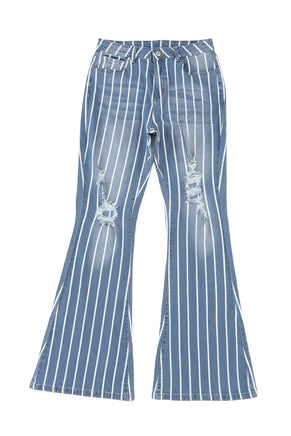 Sky Blue Vertical Striped Ripped Flare Jeans - ElectronX Plus