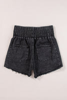 Black Smocked High Waist Mineral Washed Jean Shorts - ElectronX Plus