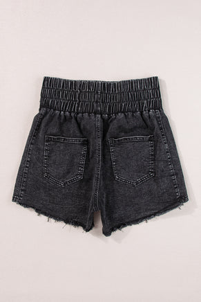 Black Smocked High Waist Mineral Washed Jean Shorts - ElectronX Plus