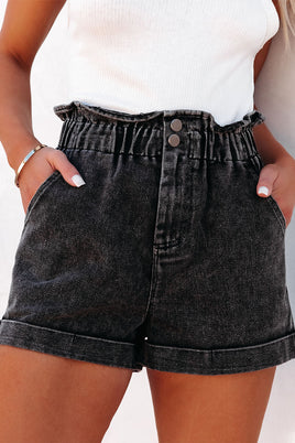 Black Vintage Washed Frilled High Waist Denim Shorts - ElectronX Plus