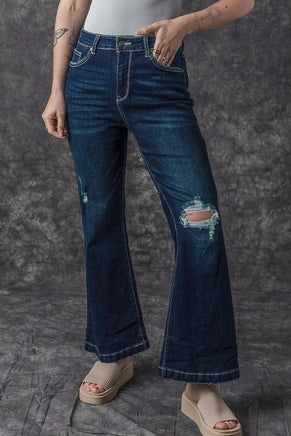 Real Teal High Rise Ripped Bell Bottom Jeans - ElectronX Plus