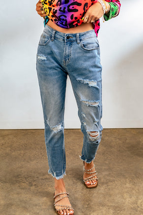 Light Blue Distressed Boyfriend Denim Pants - ElectronX Plus