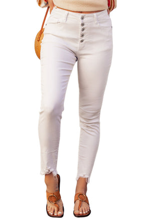 White Plain High Waist Buttons Frayed Cropped Denim Jeans - ElectronX Plus