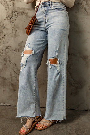 Sky Blue Distressed Frayed Hem Holed Straight Leg Loose Jeans - ElectronX Plus