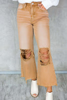 Brown Distressed Hollow-out High Waist Cropped Flare Jeans - ElectronX Plus