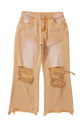 Brown Distressed Hollow-out High Waist Cropped Flare Jeans - ElectronX Plus